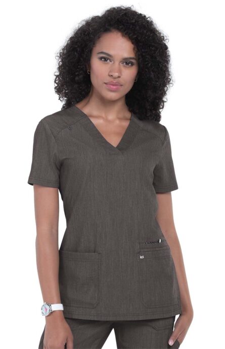 KOI Next Gen Women's 3 Pocket Hustle and Heart V-Neck Scrub Top, 4-Way Stretch in Heather Grey product image