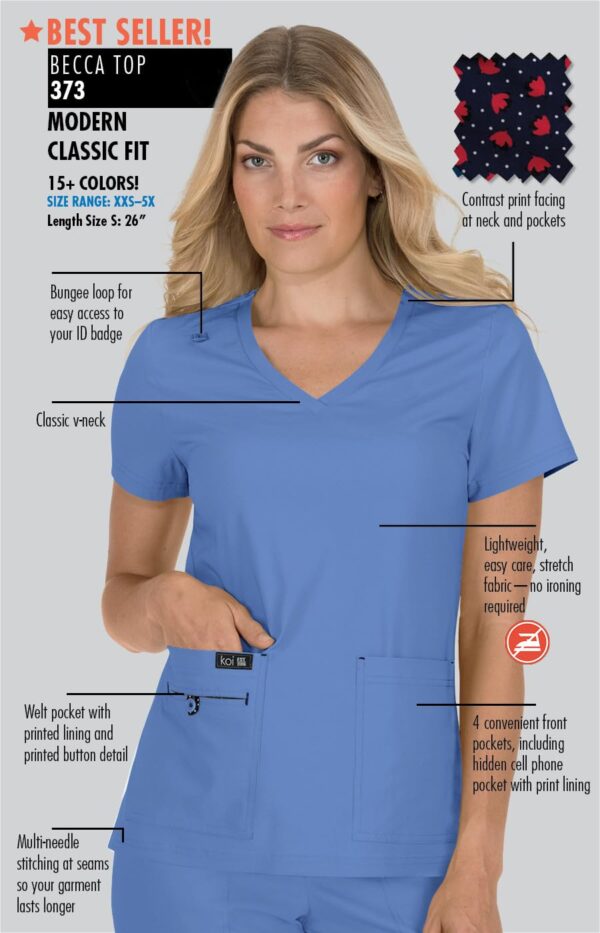 KOI Basics Women's Becca V-Neck Scrub Top, 4 Pockets, ID Bungee Loop, Moisture-Wicking Performance in Black product image