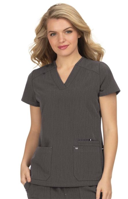 KOI Next Gen Women's 3 Pocket Hustle and Heart V-Neck Scrub Top, 4-Way Stretch in Heather Grey product image