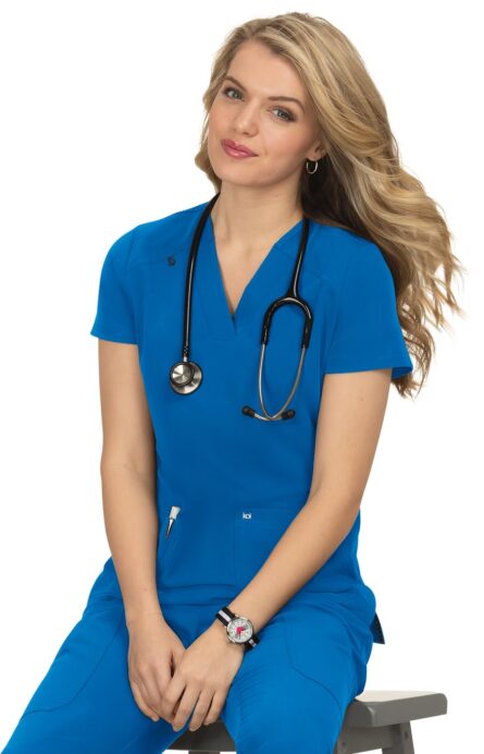 KOI Next Gen Women's 3 Pocket Hustle and Heart V-Neck Scrub Top, 4-Way Stretch in Royal Blue product image