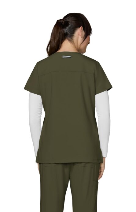 KOI Next Gen Women's 3 Pocket Hustle and Heart V-Neck Scrub Top, 4-Way Stretch in Olive Green product image