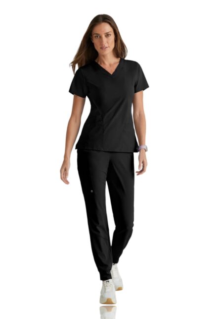 BARCO One Boost Scrub Set for Women - Sporty V-Neck Top, Eco-Friendly Fabric, 4-Way Stretch Women's Jogger Scrub Set in Black product image