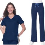 Maevn Blossom Comfortable Mock Wrap Top & Multi-Pocket Flare Pant Scrub Set (X product image