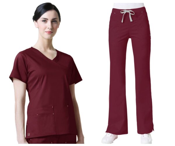 Maevn Blossom Comfortable Mock Wrap Top & Multi-Pocket Flare Pant Scrub Set product image