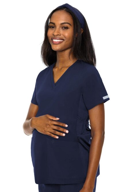Med Couture Maternity Scrub Top V Neck 360° Stretch Adjustable Waist in Navy product image