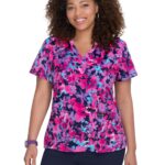 KOI Basics Leslie Women's 2-Pocket Stretch Print Top Brilliant Butterflie in Brilliant Butterflies product image