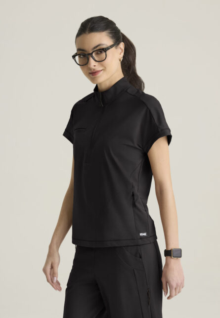 Grey's Anatomy™ by Barco Knit Stretch Women's 3-Pocket Mock Neck Zip-Placket Top - Image 2
